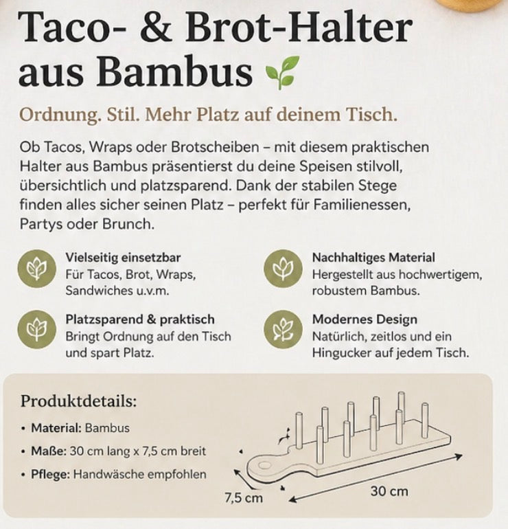 Taco- & Brot-Halter aus Bambus – platzsparend servieren. Stylisch, praktisch und vielseitig: Der Bambus-Halter sorgt für Ordnung auf deinem Tisch – perfekt für Tacos, Brot oder Snacks.