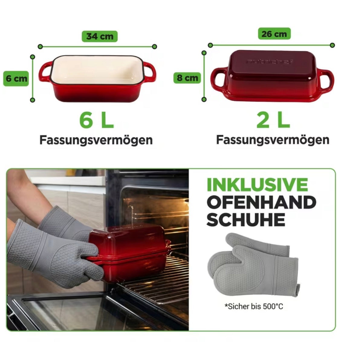 🍞 Back-Hulda Premium Brotback- & Schmortopf Set. Backe knusprige Brote wie vom Bäcker – ganz einfach zuhause! 1 Paar hochwertige Silikon-Backhandschuhe
Hitzebeständig und rutschfest für sicheres Arbeiten am heißen Ofen.