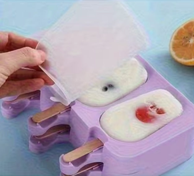 Silikon-Eisformen Set „Häschen“ - 3 Formen mit Deckel & 100 Holzstäbchen