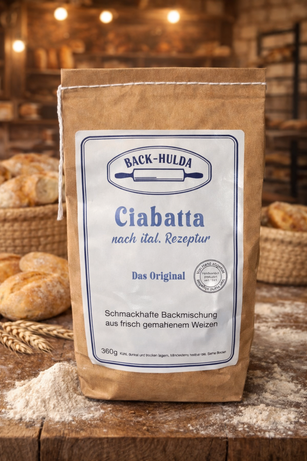 Ciabatta nach italienischer neuer Rezeptur „Das Orginal“ Inhalt:360g(0,83€/100g) liebevoll per Hand abgefüllt! Wird wöchentlich frisch von der Nachbarsmühle abgefüllt!