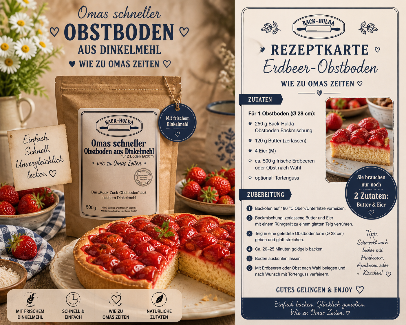 Omas schneller Obstboden aus Dinkelmehl. Für 2 Obstböden Ø 28 cm „In 30 Minuten zum fertigen Kuchen“ 👉 „Nur 2 Zutaten – fertig ist dein Obstkuchen“