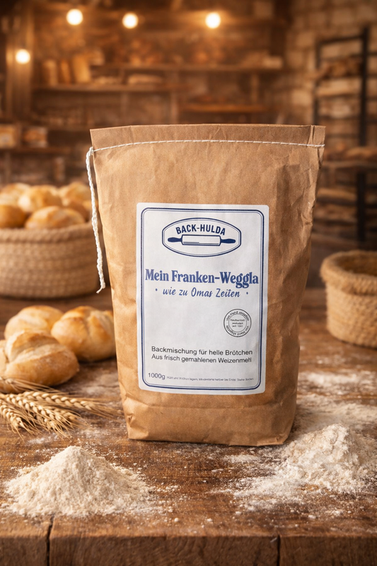 Mein Franken-Weggla ist meine handverlesene Brötchenbackmischung.Hergestellt nach eigener Rezeptur! 1000g ca.20 Brötchen. Liebevoll per Hand abgefüllt! Wird wöchentlich frisch von der Nachbarsmühle abgefüllt!