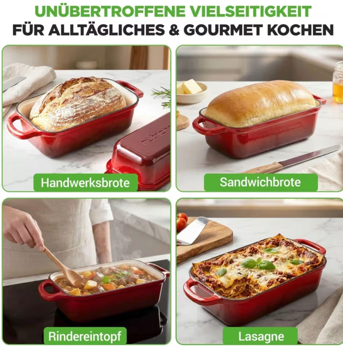 🍞 Back-Hulda Premium Brotback- & Schmortopf Set. Backe knusprige Brote wie vom Bäcker – ganz einfach zuhause! 1 Paar hochwertige Silikon-Backhandschuhe
Hitzebeständig und rutschfest für sicheres Arbeiten am heißen Ofen.
