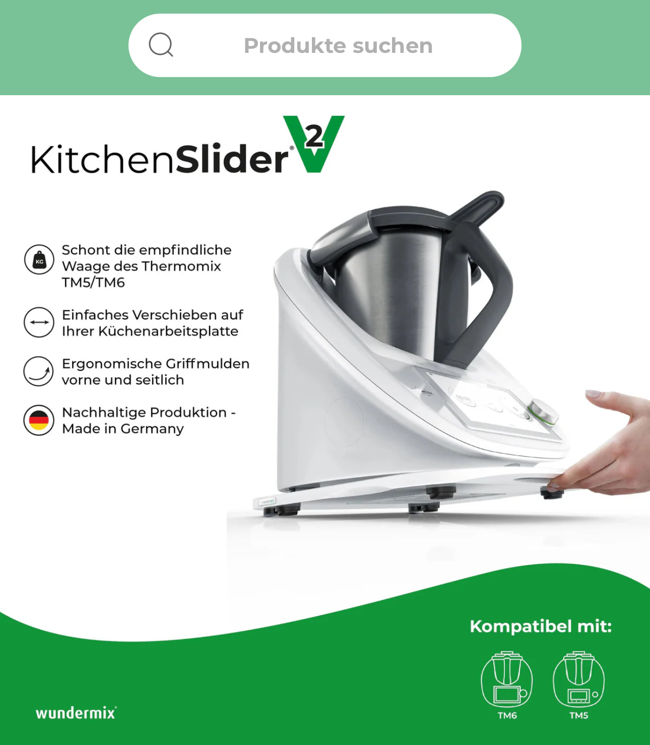 KitchenSlider®️M, V2 Plus, Alpine White-Premium-Gleitbrett für Thermomix TM6, TM5, 15 Jahre Herstellergarantie. Perfekt für den neuen TM6 Snow!