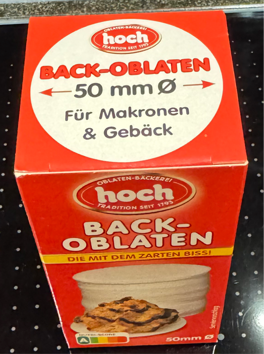 2xQualität-Back-Oblaten 50mmØ, 37g. Aus Deutschlands ältester Oblaten-Bäckerei! DIE MIT DEM ZARTEN BISS ! Für Lebkuchenglocke 5cmØ