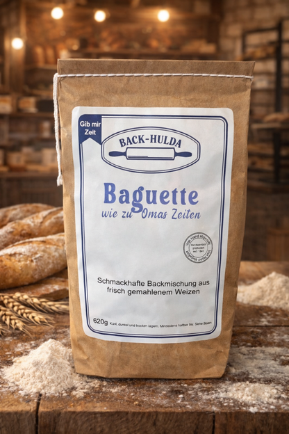 Baguette wie zu Omas Zeiten. Schmackhafte Backmischung aus frisch gemahlenem Weizen, von Hand liebevoll abgefüllt. Inhalt: 620g(0,53€/100g)