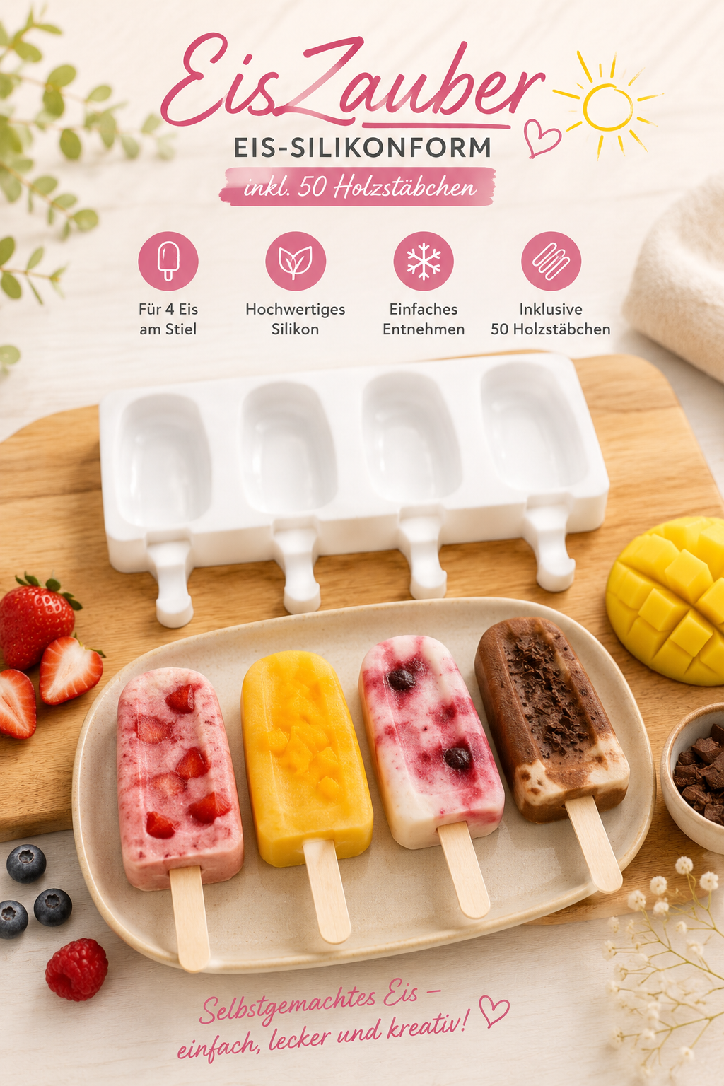 EisZauber-Eis-Silikonform inkl.50 Holzstäbchen. Rezepte in der Beschreibung
