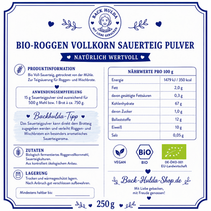 🌾 Bio-Roggen Vollkorn Sauerteig Pulver – Natürlich wertvoll. & 1 Twist-Off Glas. Bio-Roggen Vollkorn Sauerteig Pulver – natürlich wertvoll. Schonend getrockneter Bio-Sauerteig zum Reaktivieren oder direkt zum Verfeinern von Brot- und Brötchenteigen.