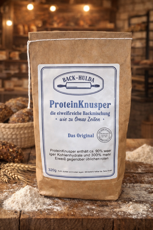 ProteinKnusper-Dein Knuspriges Low-Carb Genusserlebnis. Mit 90%weniger Kohlenhydraten und ca. 300% mehr Eiweiß! ab 320g. OHNE ZUSATZSTOFFE. Wird wöchentlich frisch von der Nachbarsmühle abgefüllt!