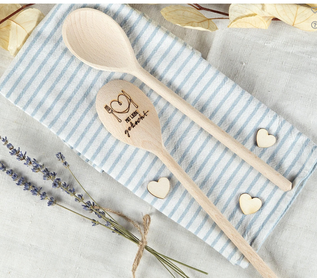 Kochlöffel Gravur Herz & "Mit Liebe gekocht" Buchenholz