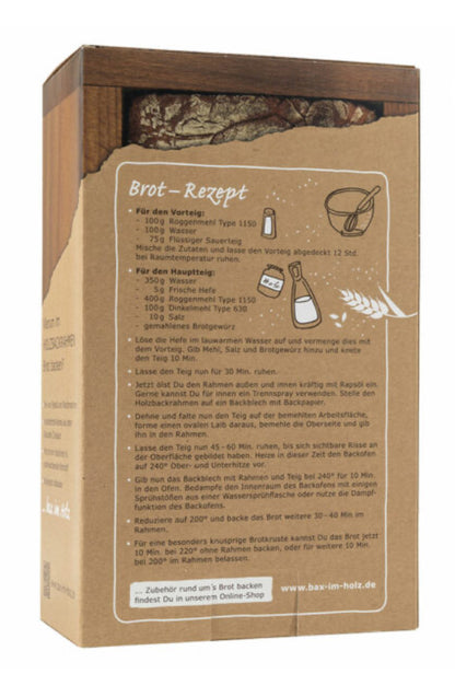 Der Bax im Holz Holz-Backrahmen „einfach“ aus naturbelassenem, massivem Buchenholz. Inklusive passender Trennwand für zwei Brote je 250g.Siehe auch großen Backrahmen im Shop