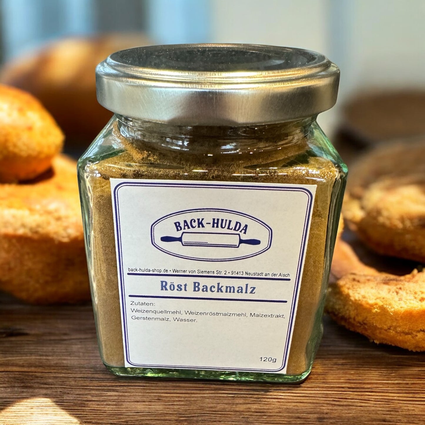 Röstmalz Backmalz-Original Bäckermalz. Wird wöchentlich frisch von der Nachbarsmühle abgefüllt! Im Quadrat Glas 120g