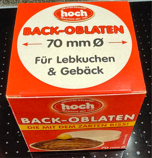 2xQualität-Back-Oblaten 70mmØ, 53g. Aus Deutschlands ältester Oblaten-Bäckerei ! DIE MIT DEM ZARTEN BISS ! Für Lebkuchenglocke®️ 7cmØ.