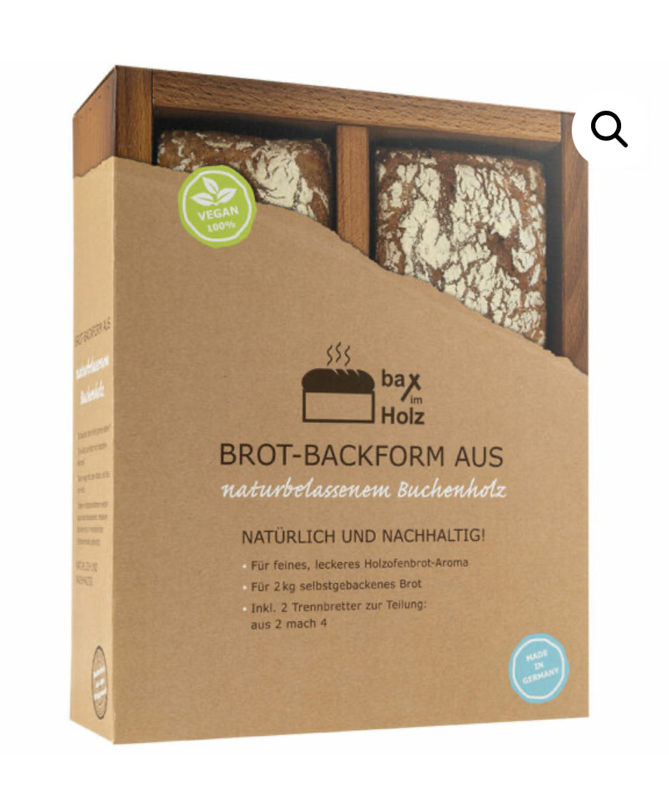 Der Bax im Holz Holz-Backrahmen „einfach“ aus naturbelassenem, massivem Buchenholz. Inklusive passender Trennwand für zwei Brote je 250g.Siehe auch großen Backrahmen im Shop