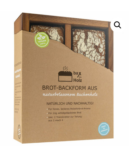 Der Bax im Holz Holz-Backrahmen „einfach“ aus naturbelassenem, massivem Buchenholz. Inklusive passender Trennwand für zwei Brote je 250g.Siehe auch großen Backrahmen im Shop