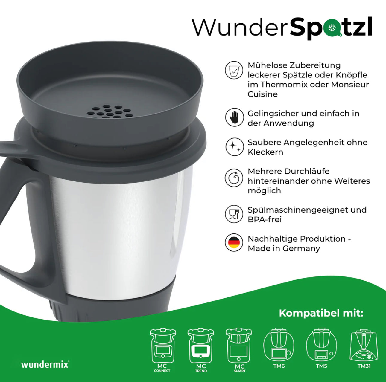 WunderSpatzl®️ Spätzlereibe für Thermomix,Thermomix-Friend & Monsieur Cuisine & 1000g Spätzlemehl aus der Mühle-Für hausgemachten Genuss wie bei Oma