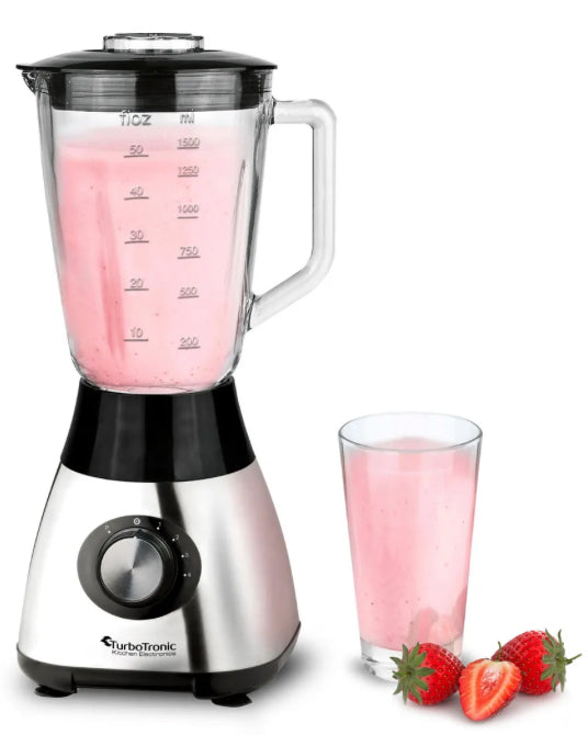 TurboTronic Standmixer-1400 Watt mit 1,5L Glasbehälter, Messer-Edelstahl Silber, Glas Smoothie Mixer / Maker ICE Crush Funktion,Milchshaker Blender BPA FREI