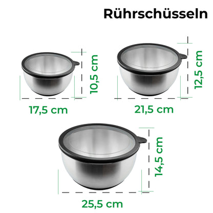 Wundermix© Edelstahl Rührschüssel 3er-Set mit Deckel | 1,5 L + 3 L + 5 L