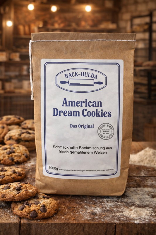 American Dream Cookies-Das Original! Der Traum aus dem Ofen. Back dir ein Stück Amerika - 1000g Backmischung liebevoll per Hand abgefüllt. Je nach Größe 30-70 Stück. Wird wöchentlich frisch von der Nachbarsmühle abgefüllt!