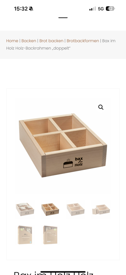 Der Bax im Holz Holz-Backrahmen „einfach“ aus naturbelassenem, massivem Buchenholz. Inklusive passender Trennwand für zwei Brote je 250g.Siehe auch großen Backrahmen im Shop