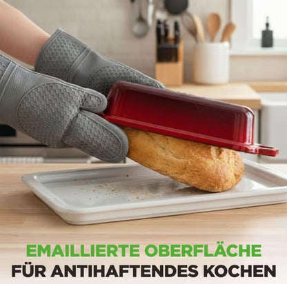 🍞 Back-Hulda Premium Brotback- & Schmortopf Set. Backe knusprige Brote wie vom Bäcker – ganz einfach zuhause! 1 Paar hochwertige Silikon-Backhandschuhe
Hitzebeständig und rutschfest für sicheres Arbeiten am heißen Ofen.