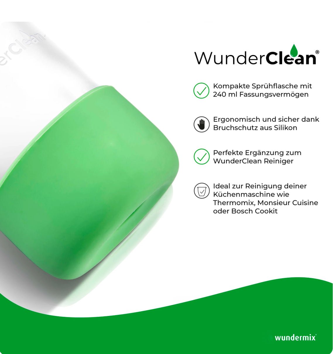 WunderClean Sprühflasche | 240 ml Glasflasche mit Silikon-Bruchschutz für WunderClean Reiniger