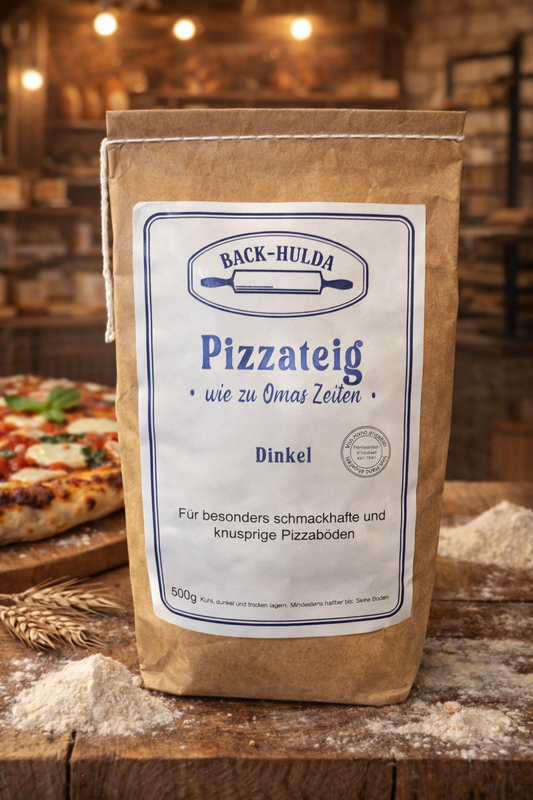 Pizzateig aus Dinkelmehl, liebevoll per Hand abgefüllt, für besonders schmackhafte und knusprige Pizzaböden-Gelingt sicher. 500g Packung. Wird wöchentlich von der Nachbarsmühle abgefüllt!