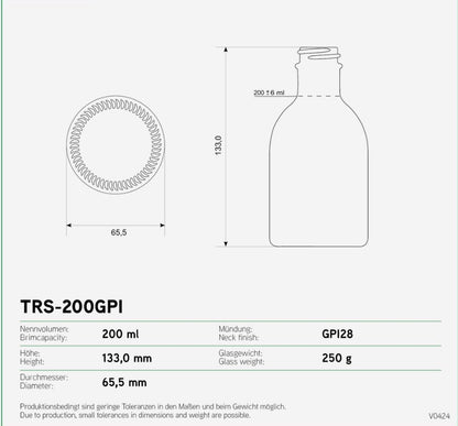 TRIEST FLASCHE 200ML, WEISSGLAS MIT ALU-KUNSTSTOFF-VERSCHLUSS  FLACH, SILBER