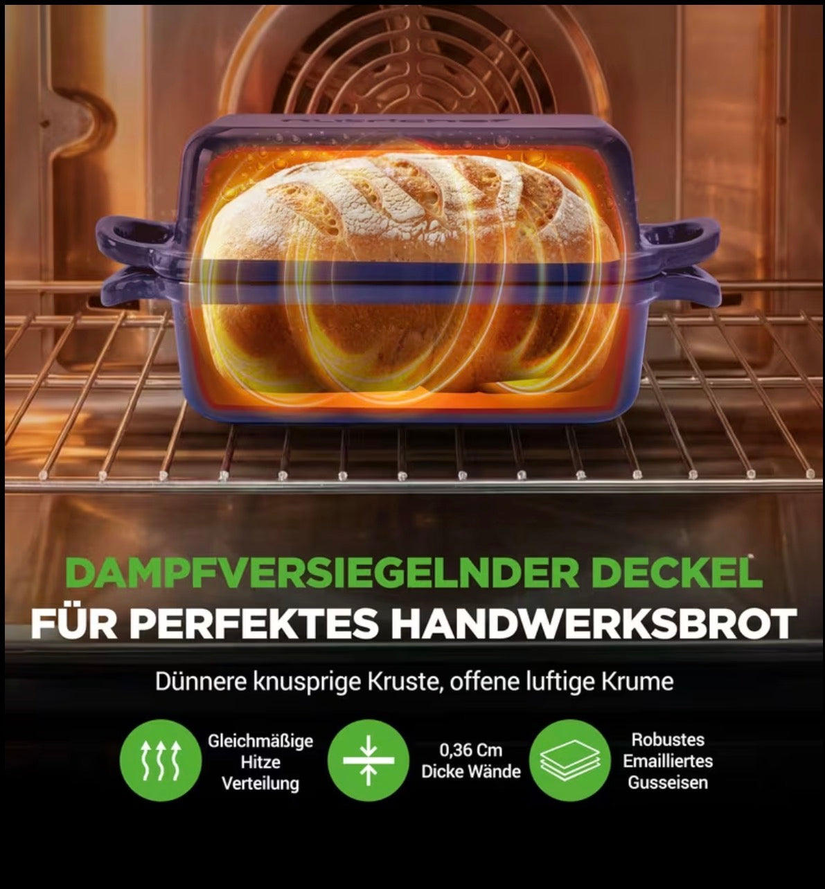 🍞 Back-Hulda Premium Brotback- & Schmortopf Set. Backe knusprige Brote wie vom Bäcker – ganz einfach zuhause! 1 Paar hochwertige Silikon-Backhandschuhe
Hitzebeständig und rutschfest für sicheres Arbeiten am heißen Ofen.