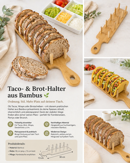 Taco- & Brot-Halter aus Bambus – platzsparend servieren. Stylisch, praktisch und vielseitig: Der Bambus-Halter sorgt für Ordnung auf deinem Tisch – perfekt für Tacos, Brot oder Snacks.