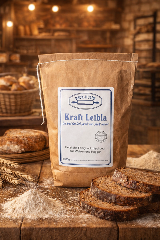 Back-Hulda‘s „Kraft Leibla“ liebevoll von meiner Mühle, nach meinem Rezept, per Hand abgefüllt und ich habe es mit Stolz etikettiert. Wird wöchentlich frisch von meiner Nachbarsmühle abgefüllt!
