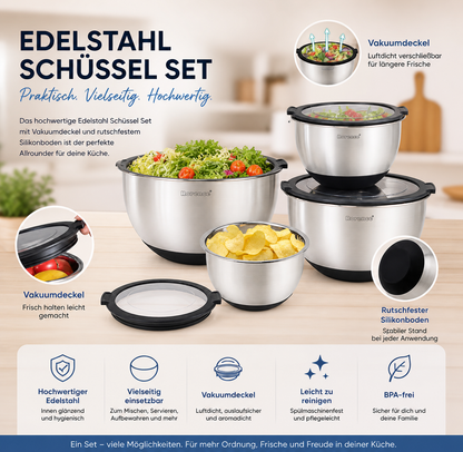Edelstahl Schüssel Set mit Vakuumdeckel & rutschfestem Silikonboden