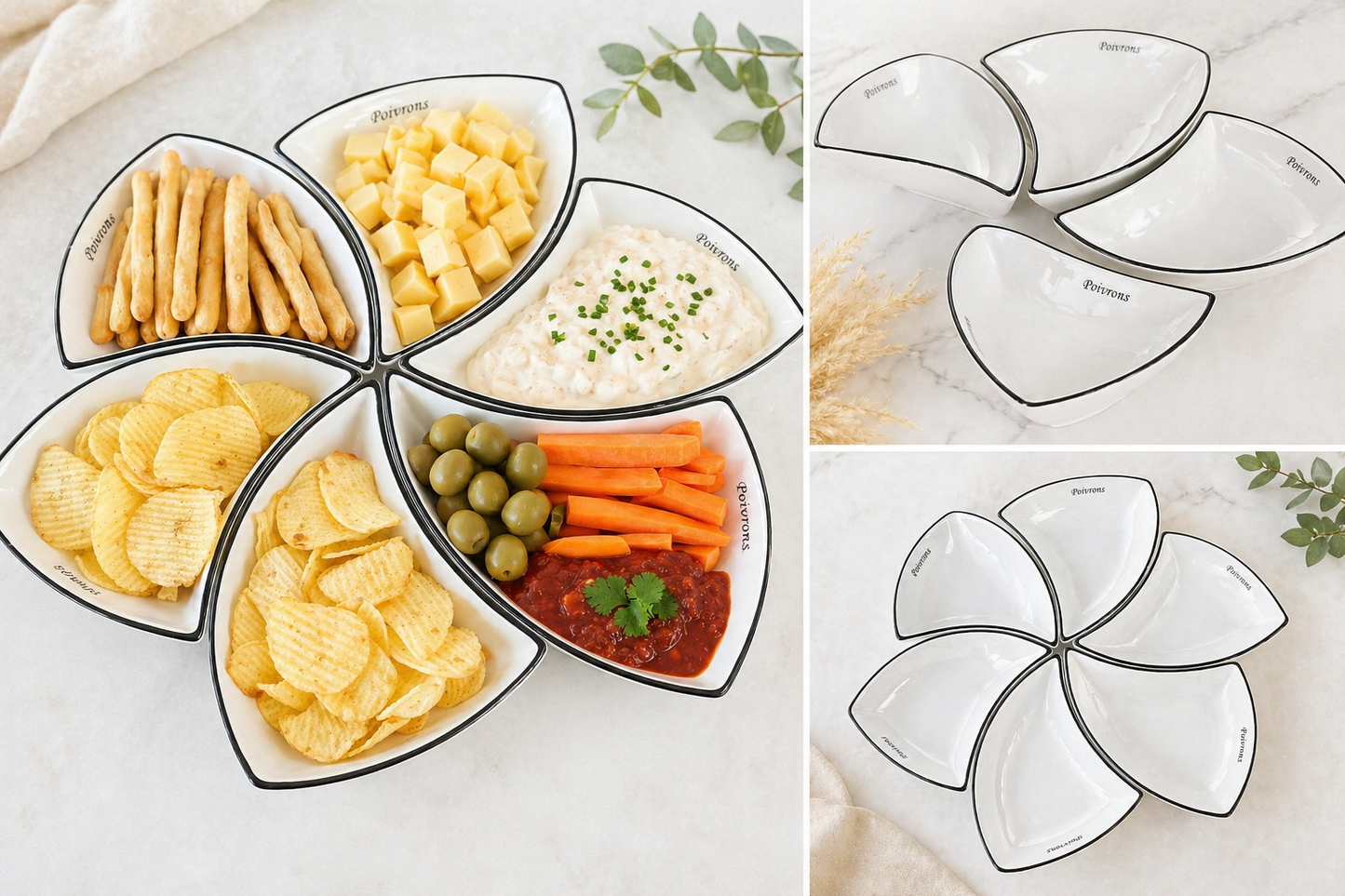 BlütenServier-Set – 6-teilig | Platzsparend & stilvoll servieren. Das elegante 6-teilige Servierset in Blütenform bringt Ordnung und Stil auf deinen Tisch – perfekt für Grillabende, Raclette oder Snacks.