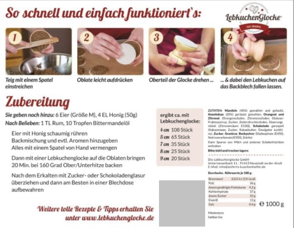 Feinste Elisen-Lebkuchen-Backmischung, 1000g Nach unserem Hausrezept (ergibt 35 Stück mit der Lebkuchenglocke 7cm-pro Stück 0,51 Cent!) •mit hochwertigen Zutaten •60% Mandeln und Haselnüsse •ohne Mehl