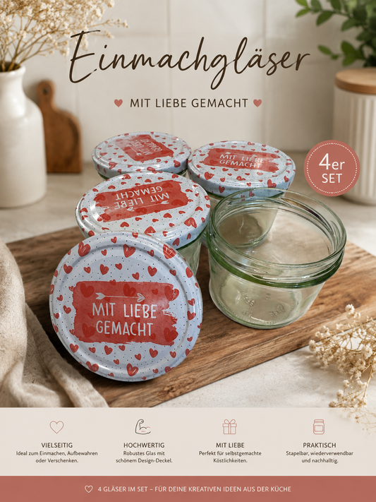 Einmachgläser „Mit Liebe gemacht“ (4er Set)
