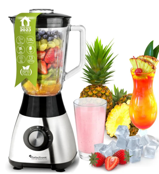 TurboTronic Standmixer-1400 Watt mit 1,5L Glasbehälter, Messer-Edelstahl Silber, Glas Smoothie Mixer / Maker ICE Crush Funktion,Milchshaker Blender BPA FREI