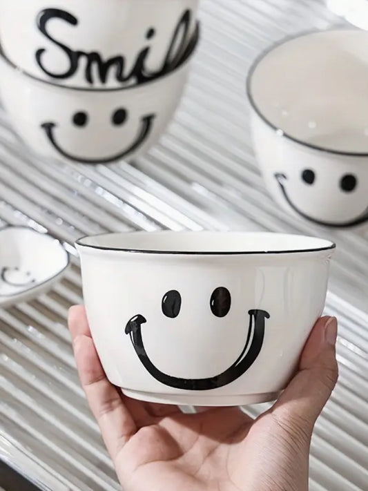 Smiley Face Keramik Schalen & Löffel-Schwarz & Weiß Design. Microwellengeeignet. 2 Schalen &