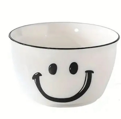Smiley Face Keramik Schalen & Löffel-Schwarz & Weiß Design. Microwellengeeignet. 2 Schalen &