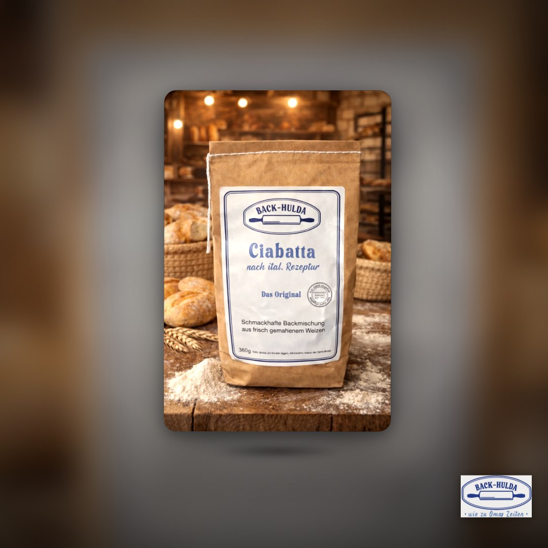 Ciabatta nach italienischer neuer Rezeptur „Das Orginal“ Inhalt:360g(0,83€/100g) liebevoll per Hand abgefüllt! Wird wöchentlich frisch von der Nachbarsmühle abgefüllt!