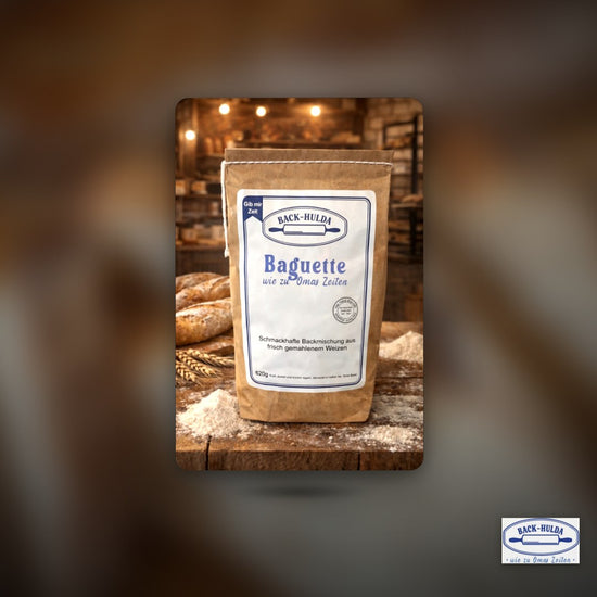 Baguette wie zu Omas Zeiten. Schmackhafte Backmischung aus frisch gemahlenem Weizen, von Hand liebevoll abgefüllt. Inhalt: 620g(0,53€/100g)