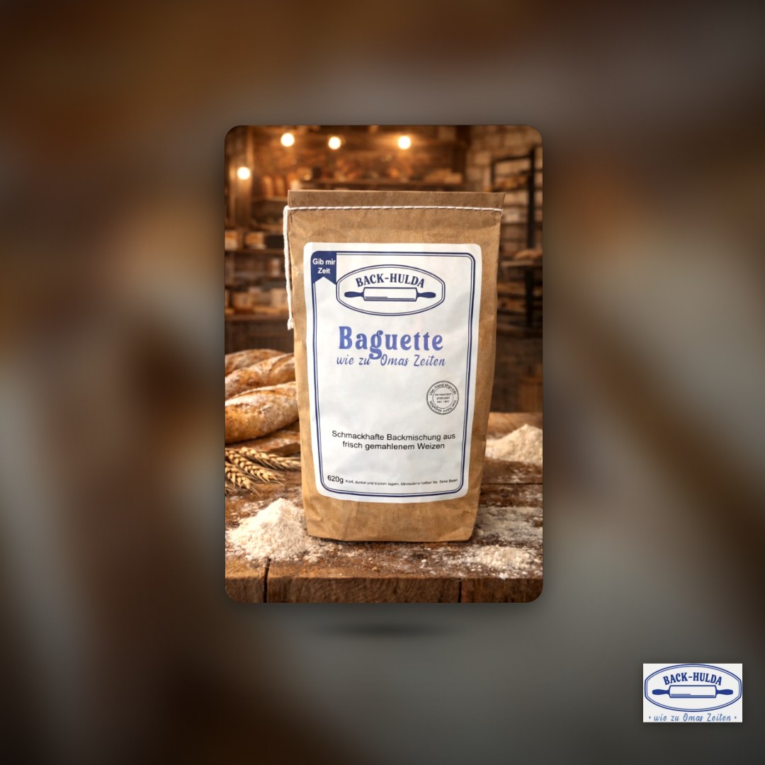 Baguette wie zu Omas Zeiten. Schmackhafte Backmischung aus frisch gemahlenem Weizen, von Hand liebevoll abgefüllt. Inhalt: 620g(0,53€/100g)
