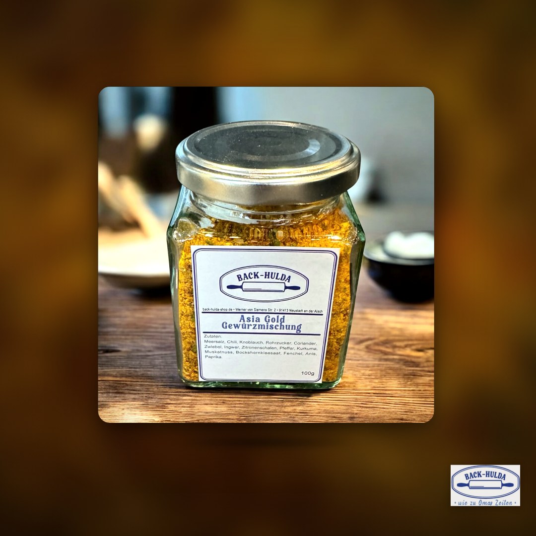 Asia Gold - Die Essenz fernöstlicher Aromen. 120g frische Gewürzmischung mit Liebe per Hand abgefüllt! Wird wöchentlich frisch von der Gewürzmühle (5km von uns) abgefüllt! Im Quadrat Glas