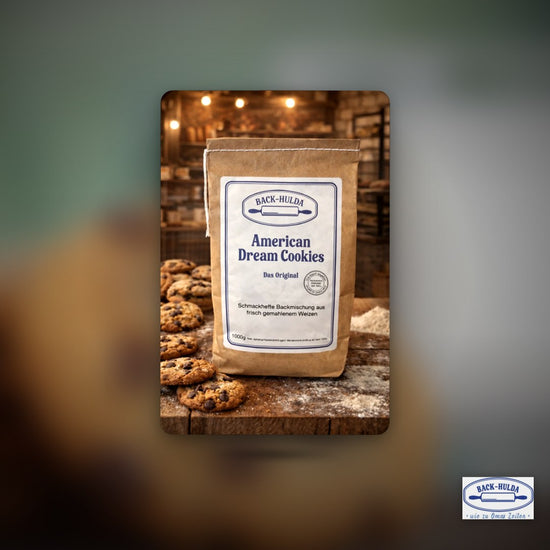 American Dream Cookies-Das Original! Der Traum aus dem Ofen. Back dir ein Stück Amerika - 1000g Backmischung liebevoll per Hand abgefüllt. Je nach Größe 30-70 Stück. Wird wöchentlich frisch von der Nachbarsmühle abgefüllt!