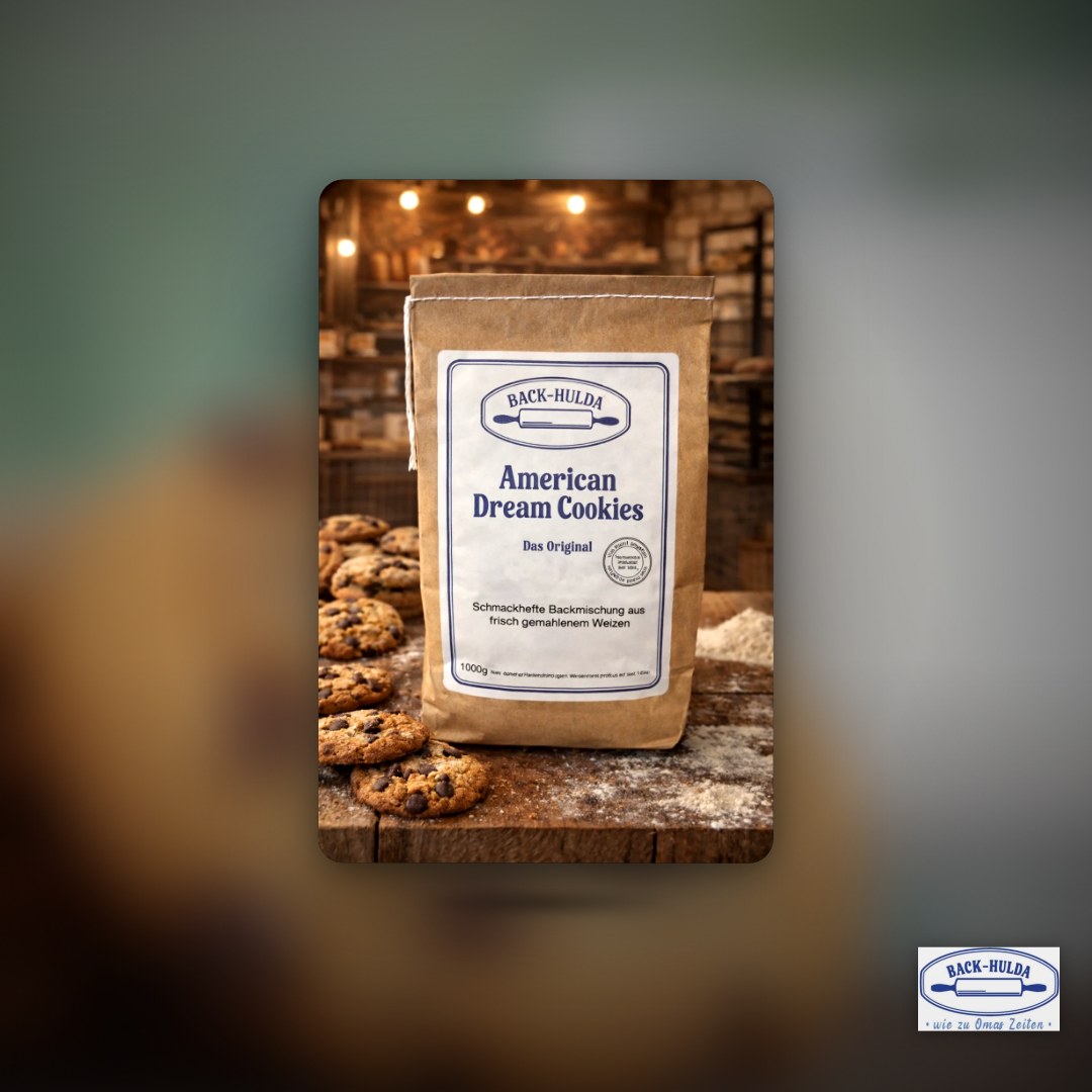 American Dream Cookies-Das Original! Der Traum aus dem Ofen. Back dir ein Stück Amerika - 1000g Backmischung liebevoll per Hand abgefüllt. Je nach Größe 30-70 Stück. Wird wöchentlich frisch von der Nachbarsmühle abgefüllt!