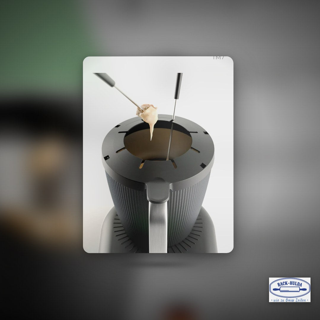 Meltimizer | Fondue-Deckel passend für Thermomix TM7, inkl. 8 Edelstahl Fonduegabeln – Clean Showcase Plus