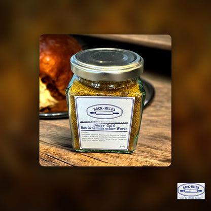 DönerGold - Das Geheimnis echter frischer Würze. 120g. Mit Liebe per Hand abgefüllt! Wird wöchentlich frisch von der Gewürzmühle (5km von uns) abgefüllt! Im Quadrat Glas