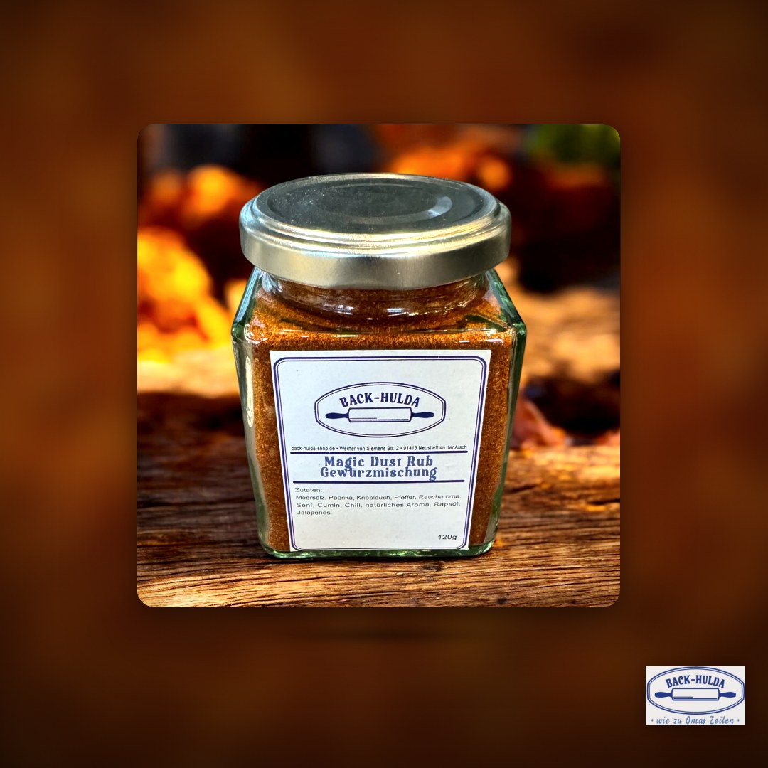 Magic Dust RUB - Würze mit Feuer und Charakter. 120g Gewürzmischung liebevoll per Hand abgefüllt! Wird wöchentlich frisch von der Gewürzmühle (5km von uns)abgefüllt! Im Quadrat Glas – Clean Showcase Plus