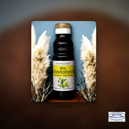 Fränkisches Bio-Leindotteröl-Kaltgepresst & Naturbelassen-frisch abgefüllt in 0,1 Glasflasche. Biokontrollstelle: DE-ÖKO-006 – Clean Showcase Plus