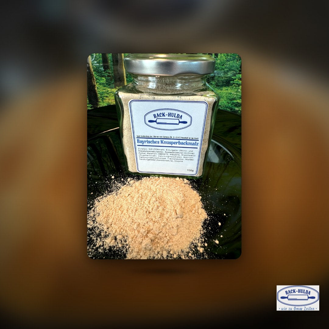 Bayrisches Knusper Backmalzaus meiner Mühle. Es enthält sanft geröstetes Malz. 100g im Glas. Wird wöchentlich frisch von der Nachbarsmühle abgefüllt!