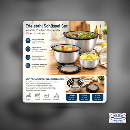 Edelstahl Schüssel Set mit Vakuumdeckel & rutschfestem Silikonboden